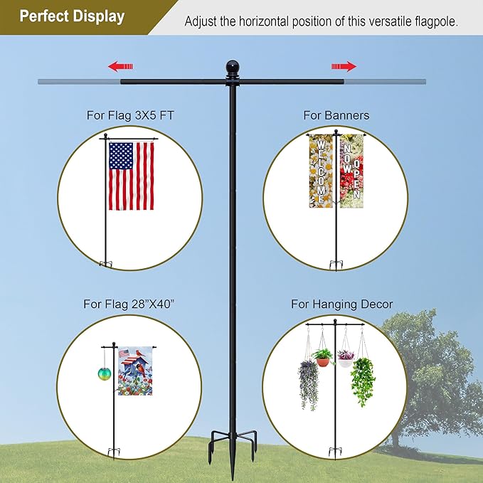 10FT Flag Pole Stand for Garden – Adjustable Outdoor Flagpole with 5-Prong Base, Freestanding Aluminum Banner Holder for 3x5ft & 28"x40" Flags – Wind-Resistant & Lightweight – Black