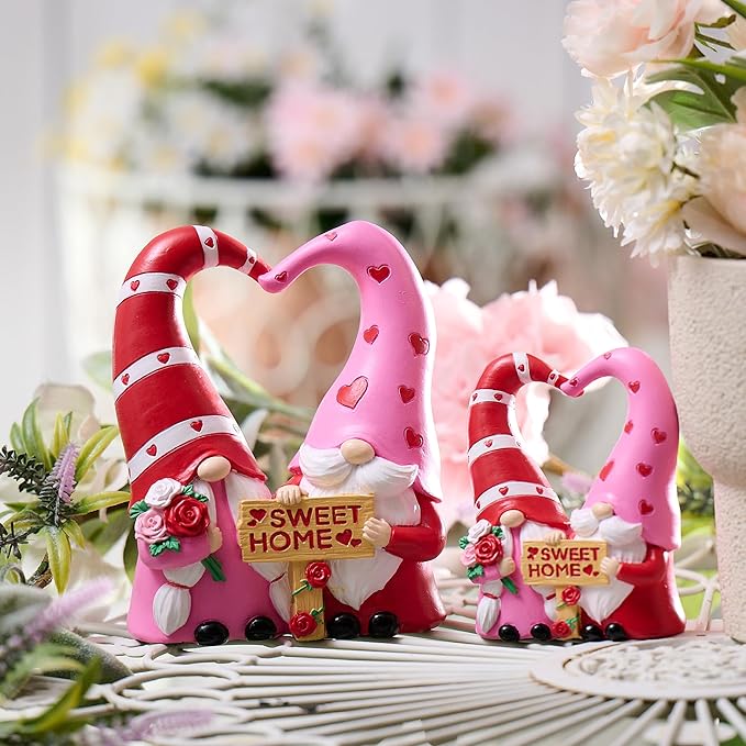 TERESA'S COLLECTIONS Garden Gnomes Outdoor Decor, Resin Heart-Shaped Pink Cute Gnome Couple Valentine Decorations for Home, Garden Decor Love Valentine Gifts for Women, 6.3"