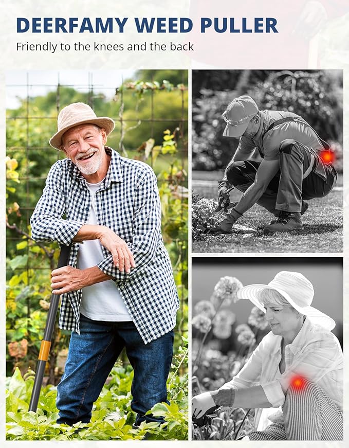 DEERFAMY Stand Up Weed Puller Tool with Long Handle, Garden Weeder Tool with 4-Claw Steel Head Design, Manual Weeder with 3-Metal Structure, Effortless Weeding Without Bending, for Dandelions, Orange