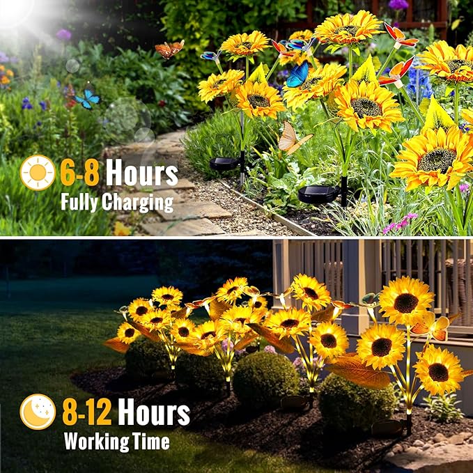 Solar Lights Outdoor Garden Decor, 2025 Upgraded 4 Pack Sunflower Decor with 8 Butterfly, Solar Garden Lights Outdoor Waterproof Decorative for Pathway, Yard, Gifts for Mother's Day Mom Women