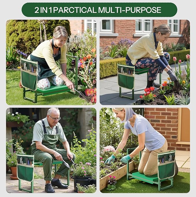 Garden Kneeler and Seat 10.2" Width, Garden Stool Load Cap 350 lbs, Garden Tools with Bags, Gardening for Women, Grandparents, Seniors, and Gardeners, Green JJ01GK02