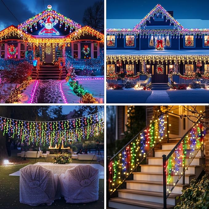 XZAI 800LED 50FT, Icicle String Lights, Plug-in, Multi-Color & Warm White, Christmas Party Decors, Connectable, Memory, Remote, 8 Modes, Timer, Dimmable, IP65 Waterproof, Hanging for Outdoor & Indoor