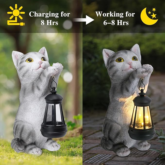 Afirst Solar Cat Statue Garden Decor, Outdoor Statue Decor with Solar Lantern Lovely Cat Figurine Patio Lawn Yard Art Ornaments Housewarming Gift