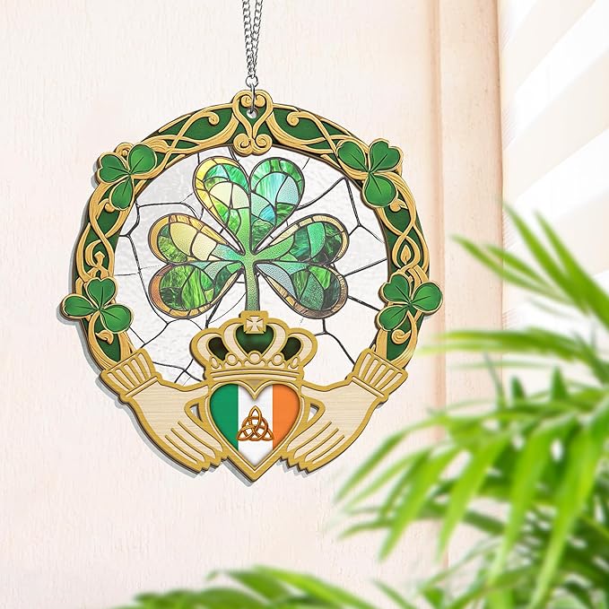 St Patricks Day Decorations - St Patricks Day Accessories, Shamrock Decorations, Irish Gifts for Women Men Friends Family, Shamrock Decorations - Double Layered Hanging Suncatcher 8 in