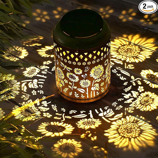 Kaixoxin 2 Pack Solar Garden Decor Metal Lantern Sunflower Table Lamp Bronze Outdoor Dercoration Great Gift for Women Mon Grandma Hanging Lights for Patio Courtyard Garden