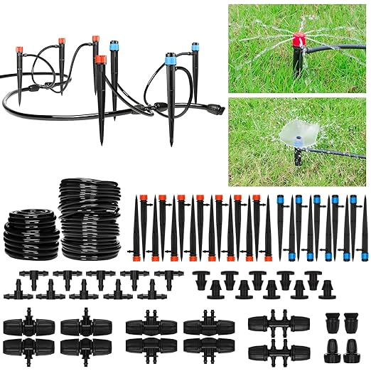 Drip Irrigation System：83FT Adjustable Irrigation Watering System for Garden Bed Greenhouse-Complete Drip Irrigation Kit with Mainline 1/4" Distribution Tubing Drip Emitters and Connectors