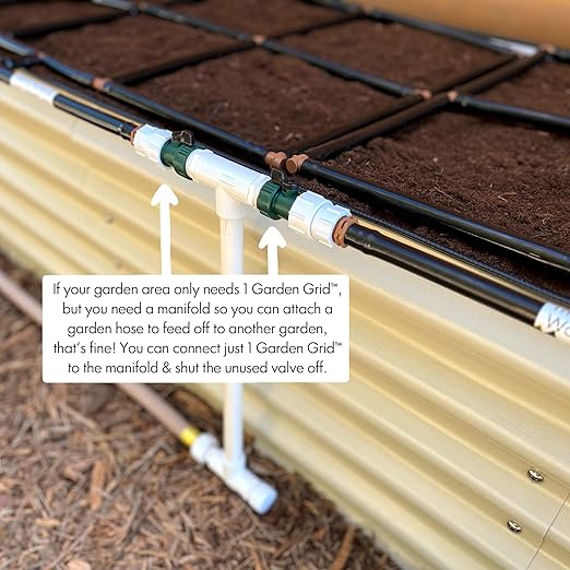 Garden Grid Connection Manifold | Connect Neighboring Garden Grids or Just 1 and/or Daisy-Chain from Manifold to Manifold with Garden Hoses to Connect Many Garden Grids | 4”/Lay-Flat Height