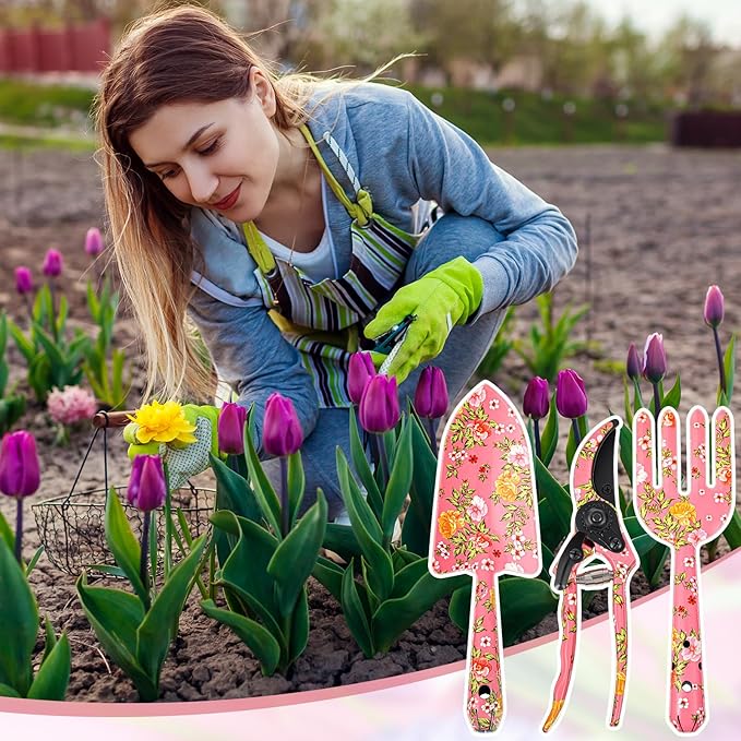 3 Pcs Pink Floral Gardening Tools Set Flower Garden Tool Set for Outdoor, Gardening Kit for Women Garden Hand Tools Set with Pruner, Trowel, Rake, Christmas Gardening Gifts for Women