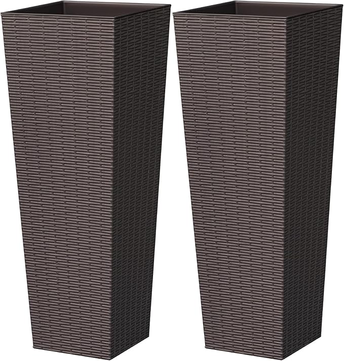 Greesum Large Tall Planter for Outdoors Plants, Set of 2, 32" Tall Plastic Flower Pots, Tapered Porch Planter with Drainage Holes for Patio, Backyard, Brown