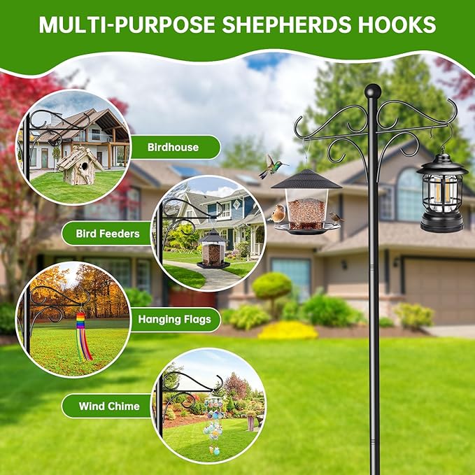 Shepherds Hooks for Outdoor, 2 Pack 108 Inch Heavy Duty Bird Feeder Pole with 5 Prongs Base, Adjustable Shepherds Hook for Hanging Birdhouses, Lanterns, Plant Baskets, Wind Chimes