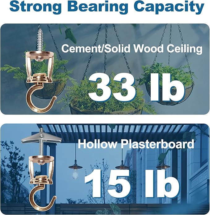 Ceiling Hooks for Hanging Plants (6 PCS Gold),Heavy Duty Metal Plant Hooks, Screw in Hooks for Hanging Birdfeeders, Lamps, Planters, Outdoor Decorative Hooks up to 33 lbs