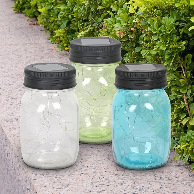 Exhart Solar Mason Jars, Set of 3 Glass Outdoor Garden Lanterns with Lids, 12 LED Firefly Lights, Lawn and Yard Decorations, 3.5 x 5.5 Inch