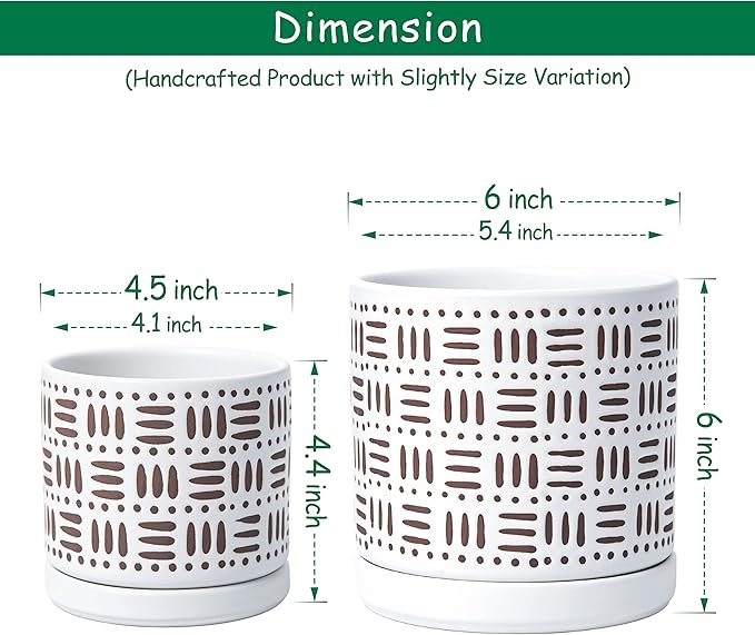 D'vine Dev Set of 2 Ceramic Planter Pots with Drainage Hole and Saucer, 4.5 Inch 6 Inch Plant Pots for Plants Indoor Houseplants, White, 99-F-1