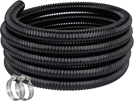 Pond Hose ID 1/2” × 25ft Black Corrugated Flexible Reinforced PVC Hose Vinyl Tubing for Pond Pump Fountain Garden Waterfall, Non-toxic & Kinkproof, with 2 clamps