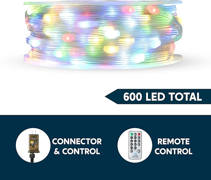 Joiedomi 600 LED Christmas String Lights Outdoor,198FT Multicolor Fairy Light with Remote 8 Modes Timer, Plug in PVC Clear Wire Lighting Decor with Reel for Indoor Dorm Classroom Bedroom Holiday