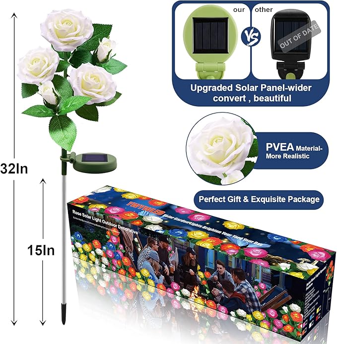 Solar Flower Lights Outdoor - Upgraded New Material Two Modes Realistic LED Solar Powered Waterproof Lights with 5 Roses, Solar Decorative Stake Lights for Garden (White, 1 Pack)
