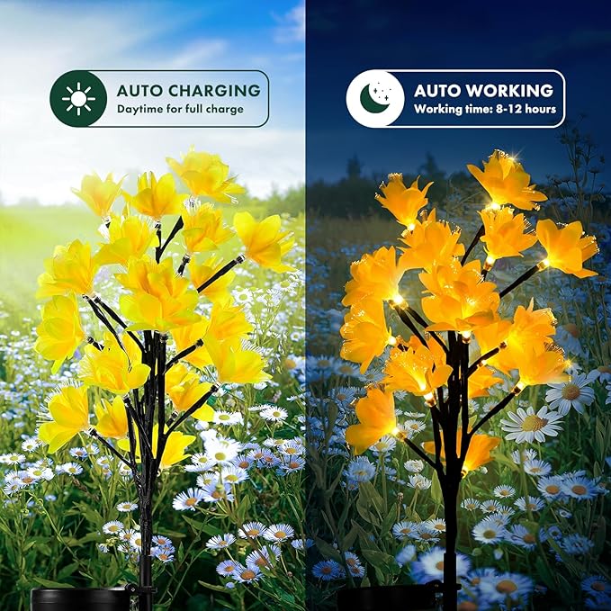 MAGGIFT Solar Lights Outdoor Garden Decorative Flowers, Waterproof Solar Garden Lights with 20 Yellow Lily Flowers,LED Solar Powered Landscape Lights for Yard Garden Patio (Yellow, 4Pack)