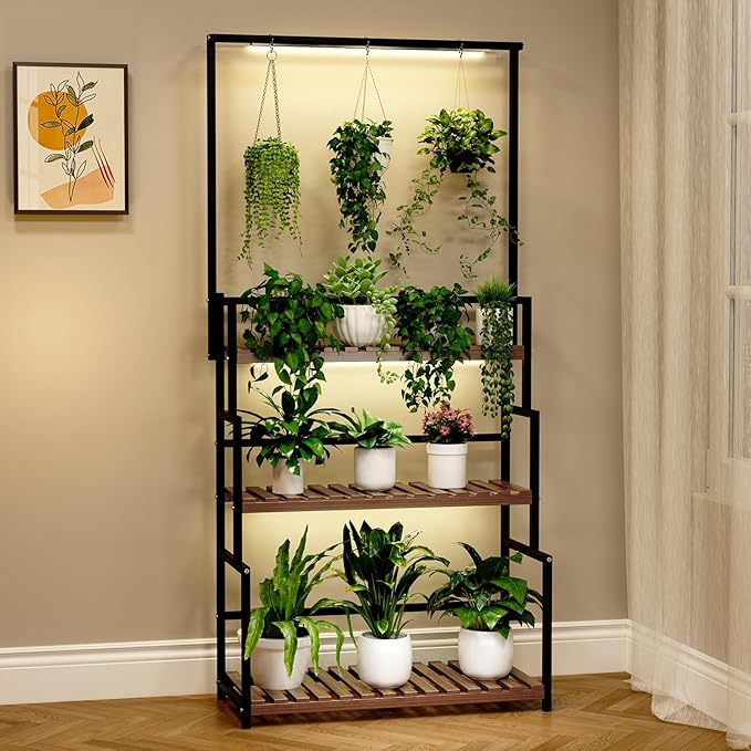 Hanging Plant Stand with Grow Light, 3 Tier Metal Plant Stand for Indoor Plants Multiple, Large Plant Shelf Display Holder, Ladder Shape Plant Rack for Living Room, Patio, Balcony