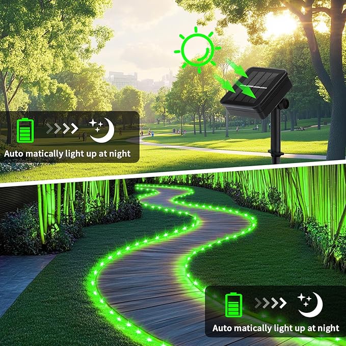 Solar Rope Light Waterproof 39FT 100LEDs Outdoor IP65 Solar String Lights for Easter Outside Party Garden Yard Home Wedding Christmas Halloween Holiday St. Patrick's Day Tree Lighting(Green)