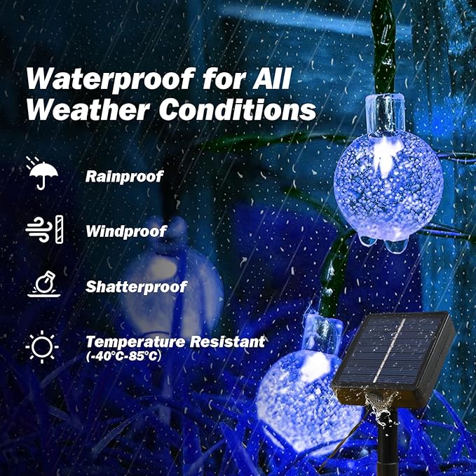 Solar Lights Outdoor Waterproof, 2 Pack Total 200LED 110FT Solar String Lights for Outside w/ 8 Modes, Outdoor String Lights Crystal Globe Patio Lights for Garden Yard Party Decor(Blue)