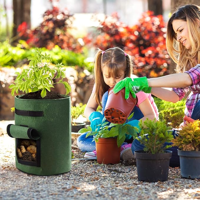 Delxo 5 Pack 10 Gallon Potato Grow Bags, Garden Planting Growing Bag with Flap, Double Layer Breathable Nonwoven Cloth for Potatoes/Planter/Vegetable/Tomato Fabric Pots with Handles Green