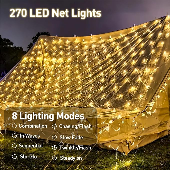 Net Lights Outdoor 10x10 FT, 8 Modes Connectable Mesh Lights with Remote & Timer- Connect 3 Sets, 30×10 FT Coverage, 270 LED Christmas Warm White for Trees, Bushes, Garden, Yard Decorations