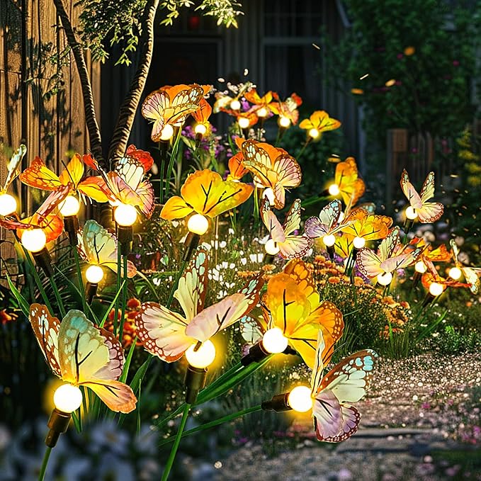 Flumy 2 Pack Solar Firefly Lights + 2 Pack Solar Butterfly Lights for Yard, Patio, Pathway, Lawn, Walkway, Camping, Pool, Solar Ground Lights Walkway Lights Deck Lights