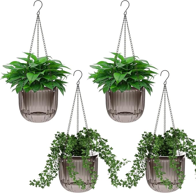 Meanplan 4 Pcs Self Watering Hanging Planter Indoor 6.5 Inch Hanging Baskets for Plants Outdoor Plastic Flower Pot with 3 Hooks Chains Drainage Holes for Garden Home, Medium Size(Gray)