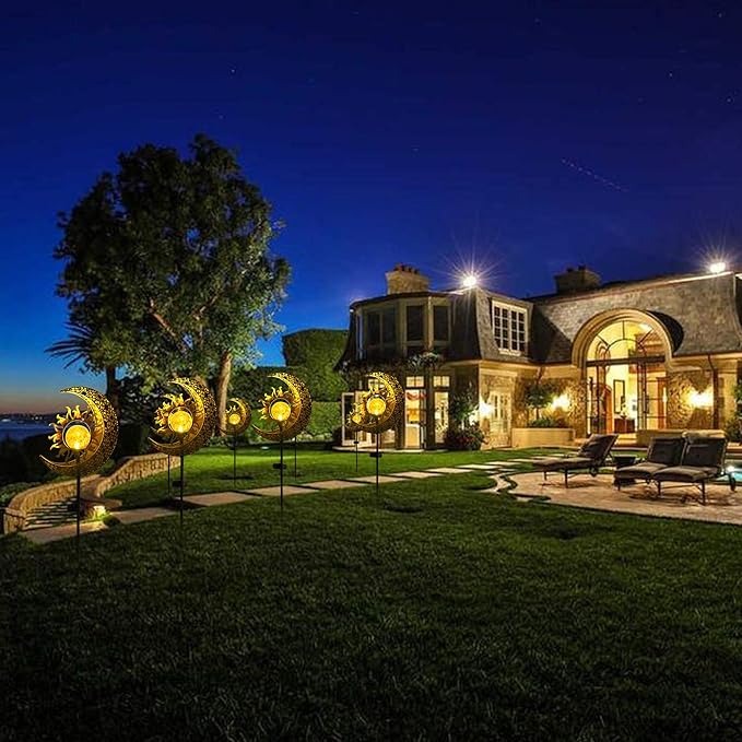 Solar Garden Statues Outdoor Decor, Moon Sun Figurine Light Stake, Housewarming Ornament for Patio, Lawn, Yard, Pathway - Unique Gift Ideas for Gardening Mom Grandma