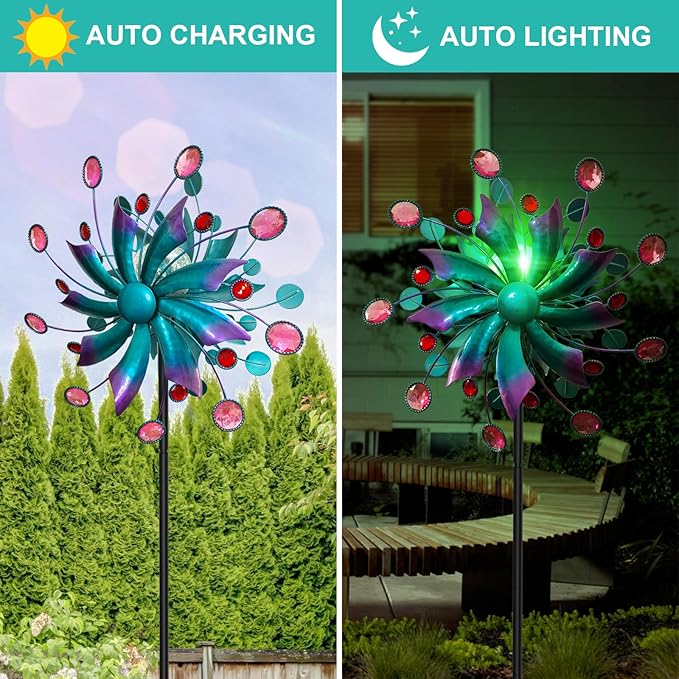 Solar Wind Spinners for Yard and Garden-60.6 Inch 360° Metal Wind Sculptures Outdoor Clearance Kinetic Windmills with Multi Color Led Glass Ball