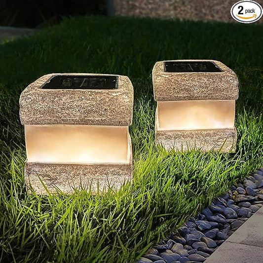 2 Pack Solar Garden Lights, Fake Rock Lights for Outdoor Pathway Yard, Solar Waterproof Decorative Rocks Lantern for Landscape Decor Gery