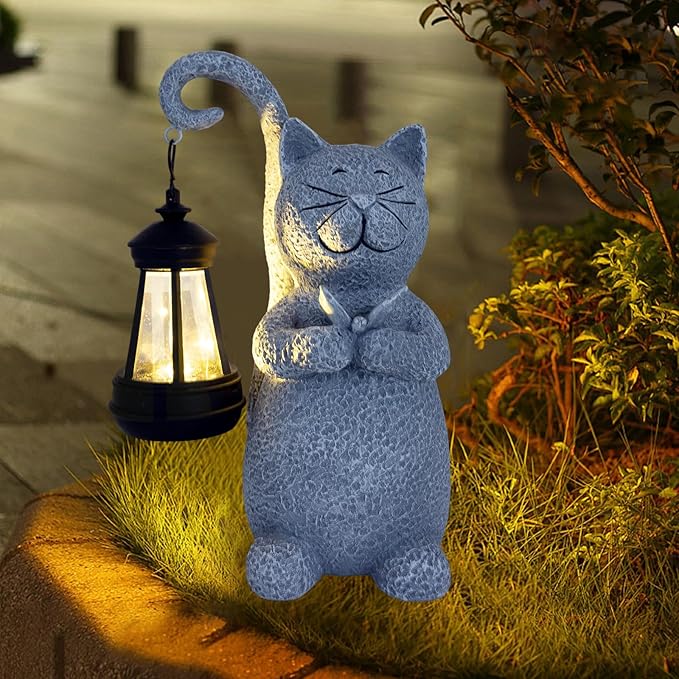 Cat Garden Statue Solar Lights Outdoor-Resin Cat Figurine for Garden Patio Balcony Porch Yard Decor, Halloween Decorations, Birthday Gifts for Women Mom Grandma, Cat Lover Housewarming Gifts