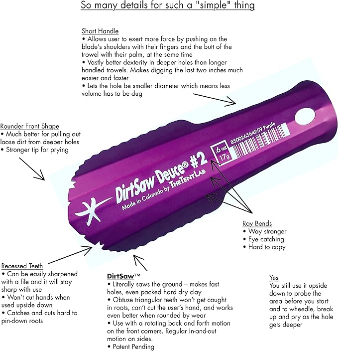 DirtSaw® Deuce #2 - .6 oz Ultralight Backpacking Trowel, Color: madeinUS-Purple