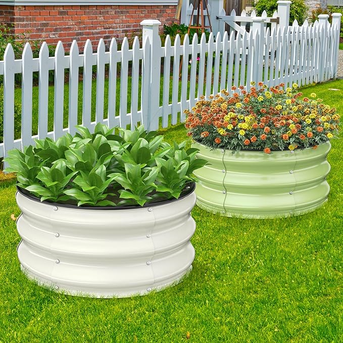 2pcs 2x2x1 FT Galvanized Raised Garden Bed Kit, Round Raised Garden Beds Outdoor Raised Beds for Gardening, Planter Boxs for Vegetables Flower Herb(Pearl White & Sage Green)