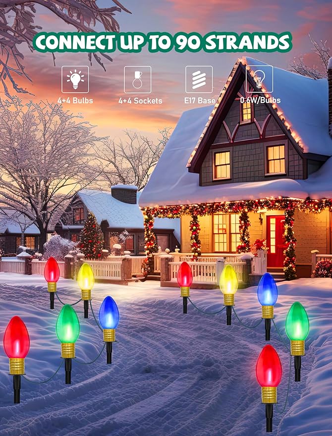 Jumbo C9 Christmas Pathway Lights Outdoor, 2Pk Total 14Ft Outdoor Christmas Decorations with 8 LED Jumbo C9 Clear Multicolor Light Bulbs, Christmas Walkway Lights for Lawn Holiday Yard Garden Sidewalk