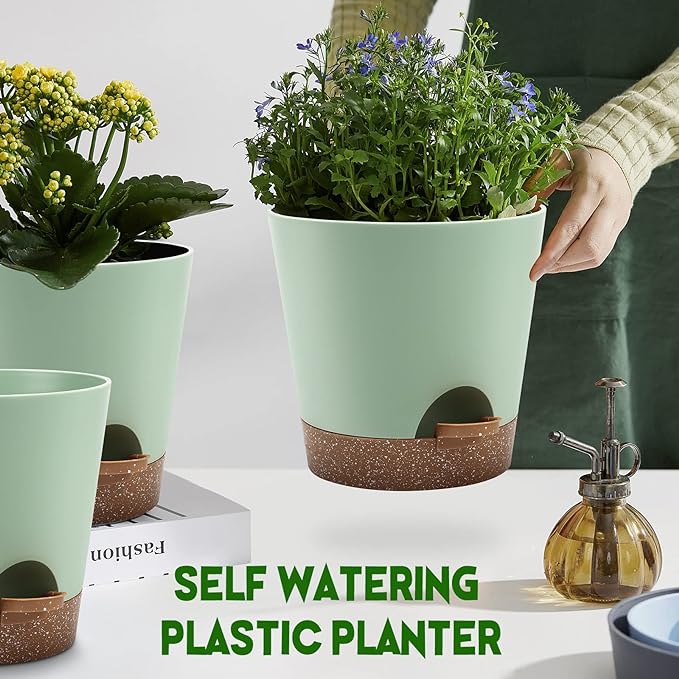 Indoor Self Watering Planters with Drainage Holes and Saucers, 9,8, 7.5 Inches, Green, 3 Pots (Springgreen)