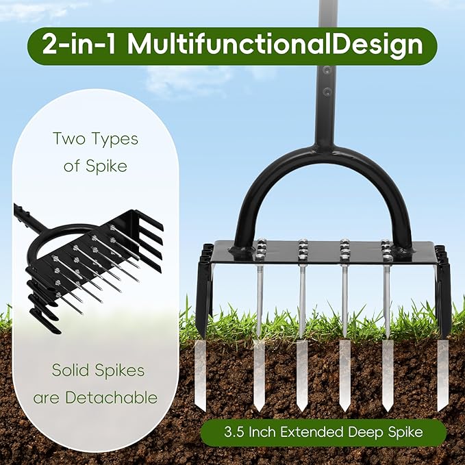 2-in-1 Lawn Aerator Tool, Multifunctional Carbon Steel Aeration Tool for Lawn , Manual Lawn Air Aerator Tool with 24 Spikes, Grass Aerator for Lawn for Compacted Soil, Garden Tool Lawn Core Aerator