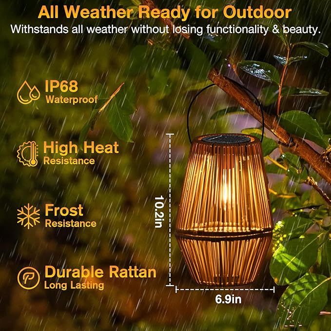 Uspring 3-in-1 Solar Lanterns Outdoor Waterproof Rattan Woven Hanging Solar Lights for Outside with Bright Lamp & LED Bead & 2 Handles, Garden Gifts Decor for Women Mom Patio Backyard Porch Deck