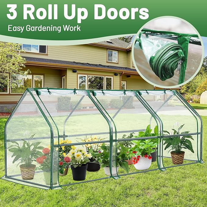 Greengro Mini Greenhouse, 95" x 36" x 36" Portable Greenhouses for Outdoors with Roll-up Zipper Door, Ground Stakes & 20 T-Shaped Plant Tags, Waterproof UV-Resistant Green House for Indoor Outside