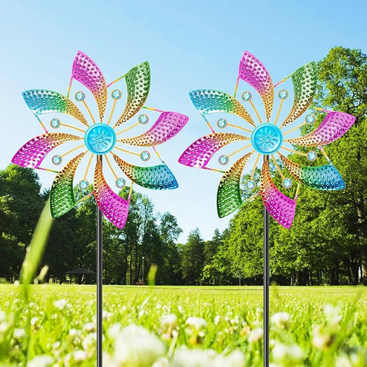 Wind Spinner Outdoor, Standing Wind Sculpture Yard Art Decorations, Metal Windmill for Patio Lawn & Garden Decor (B-Colorful-2PCS)