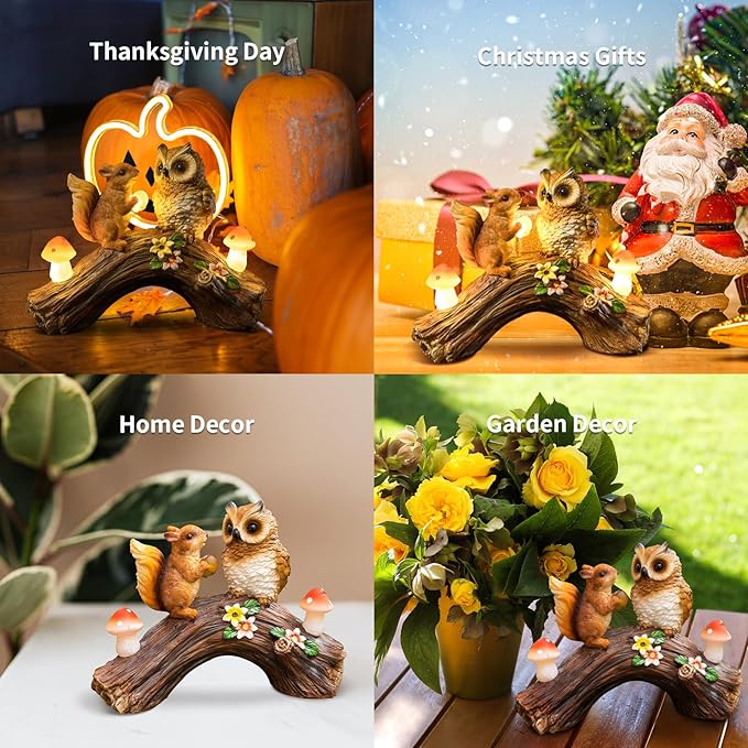 Solar Owl Garden Statues Outdoor Decor Resin Owl Squirrel Figurine with Mushroom Lights for Patio Lawn Yard Decorations Christmas Housewarming Gardening Gifts for Women Mom