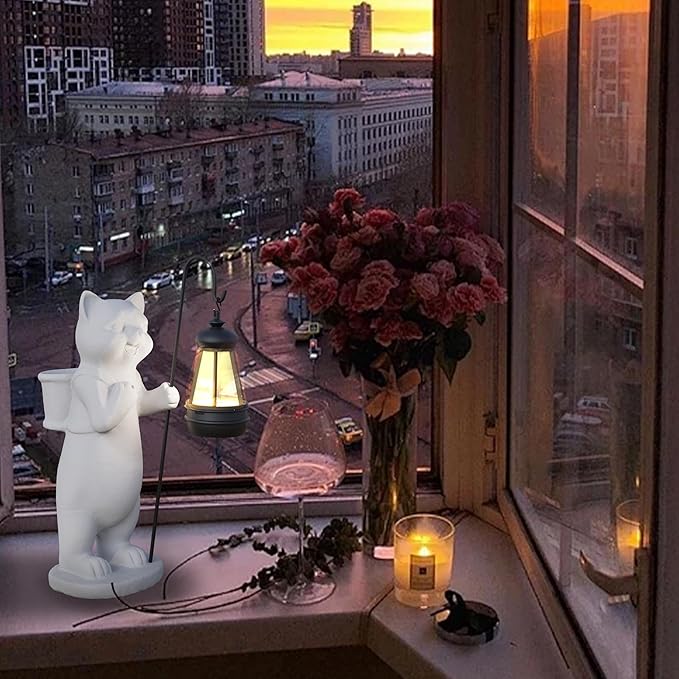 Solar Powered Garden Resin Statue Lights, 10 Inch Waterproof Outdoor Animal Cute Cat Figurine Lights, Suitable for Patios, Balconies, Lawns, Courtyards, Etc (Basket)