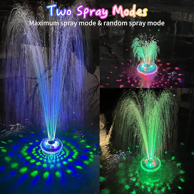 Floating Water Fountain with Underwater Lights, Rechargeable Battery Powered Pump Outdoor, 2 Modes Sprinkler Waterfall fountain for Inground Above Ground Pool, Pond-1PC