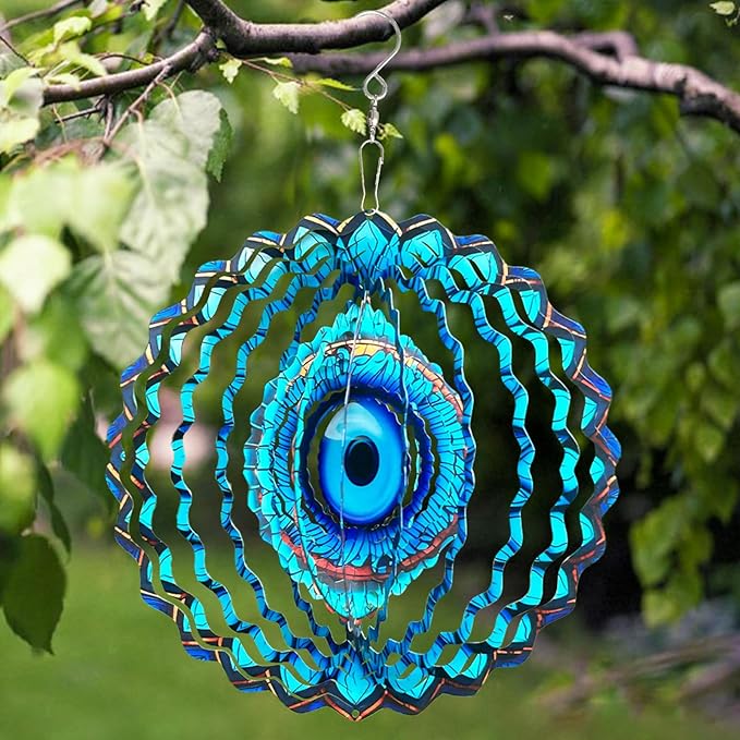 3D Wind Spinner Mandala 10 Inch Evil Eye Stainless Steel Wind Sculpture Blue Hanging Ornament Laser Cut Metal Art for Indoor Outdoor Garden Decoration Protective Amulet for Home and Yard