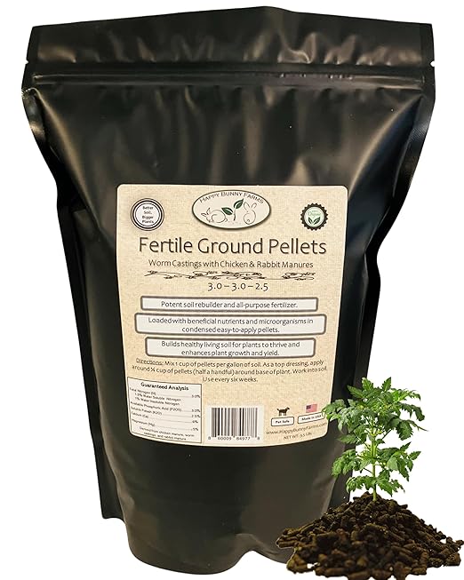 Soil Conditioner and Fertilizer Pellets, Fertile Ground. 3-3-3 NPK. Rabbit Manure with Worm Castings and Chicken Manure. 3.5lb Bag.