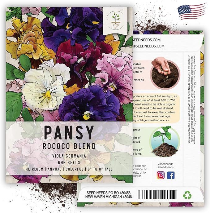 Seed Needs, Rococo Pansy Seeds - 600 Heirloom Seeds for Planting Viola Germania - Colorful Blooms for an Outdoor Flower Garden, Attracts Pollinators (1 Pack)