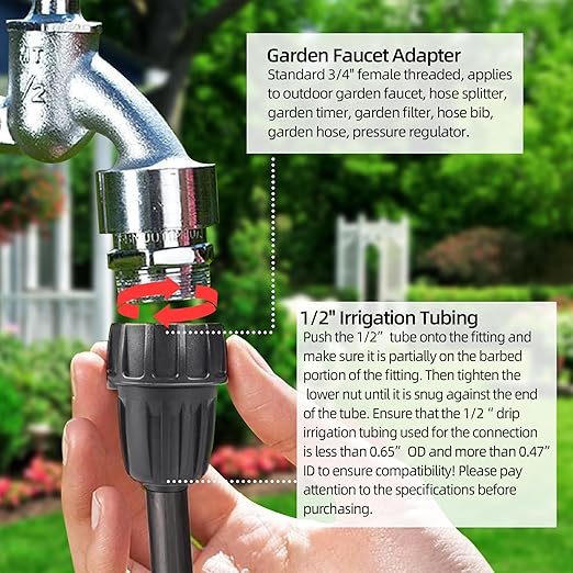 3 Pack 1/2 Inch Drip Irrigation Tubing to Faucet/Garden Hose Adapter, 3/4" to 1/2" Irrigation Hose Adapter, 3/4" Female Faucet Connector Fitting for Irrigation Tubing (1/2'' ID x 0.60''-0.64'' OD)