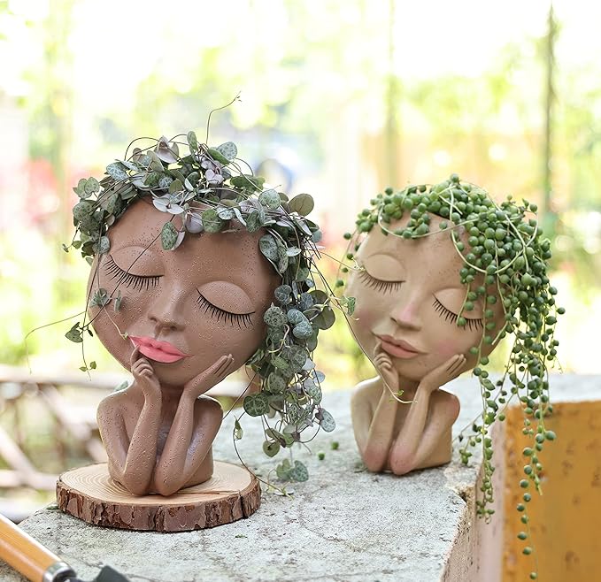 AIMEBBY Face Planter Pot - Face Flower Pots for Indoor and Outdoor Plants - Resin Head Planter Pots with Drainage Hole (Medium Size)-Black…