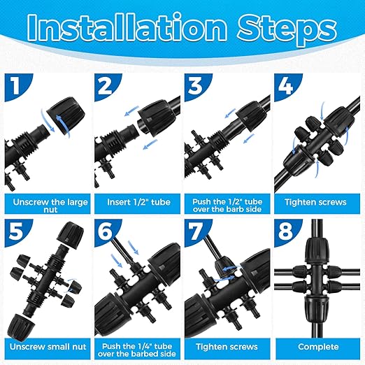 Barbed Tee 6-Way Drip Irrigation Fittings, 1/2 Inch to 1/4 Inch Tubing Irrigation Fittings(1/2'' ID x 0.60''-0.63'' OD) Locked Barbed Tee Connectors (20 Pcs)