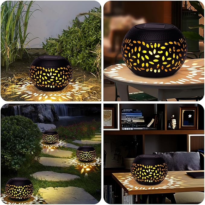 Solar Lantern Outdoor Table Light, 2 Pack Waterproof Decor, Hollow Out Retro Black Metal Patio Lights, Yard Porch Garden Balcony Indoor Desk Bedroom Tabletop Decorations